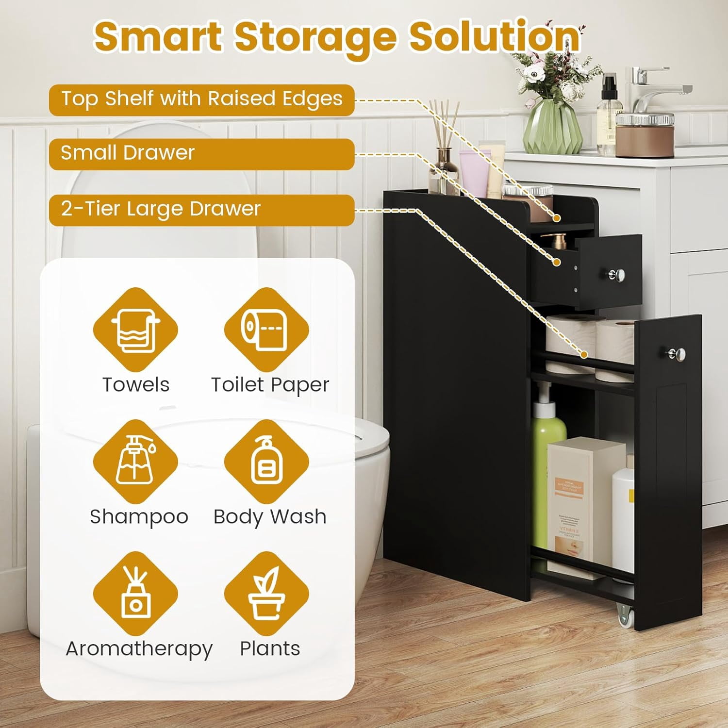 CHTER Slim Bathroom Storage Cabinet, 4-Tier Narrow Small Side Storage Cabinet Next to Toilet, Slide Out Drawers on Casters, Bathroom Floor Organizer Toilet Paper Holder for Small Spaces (Black)