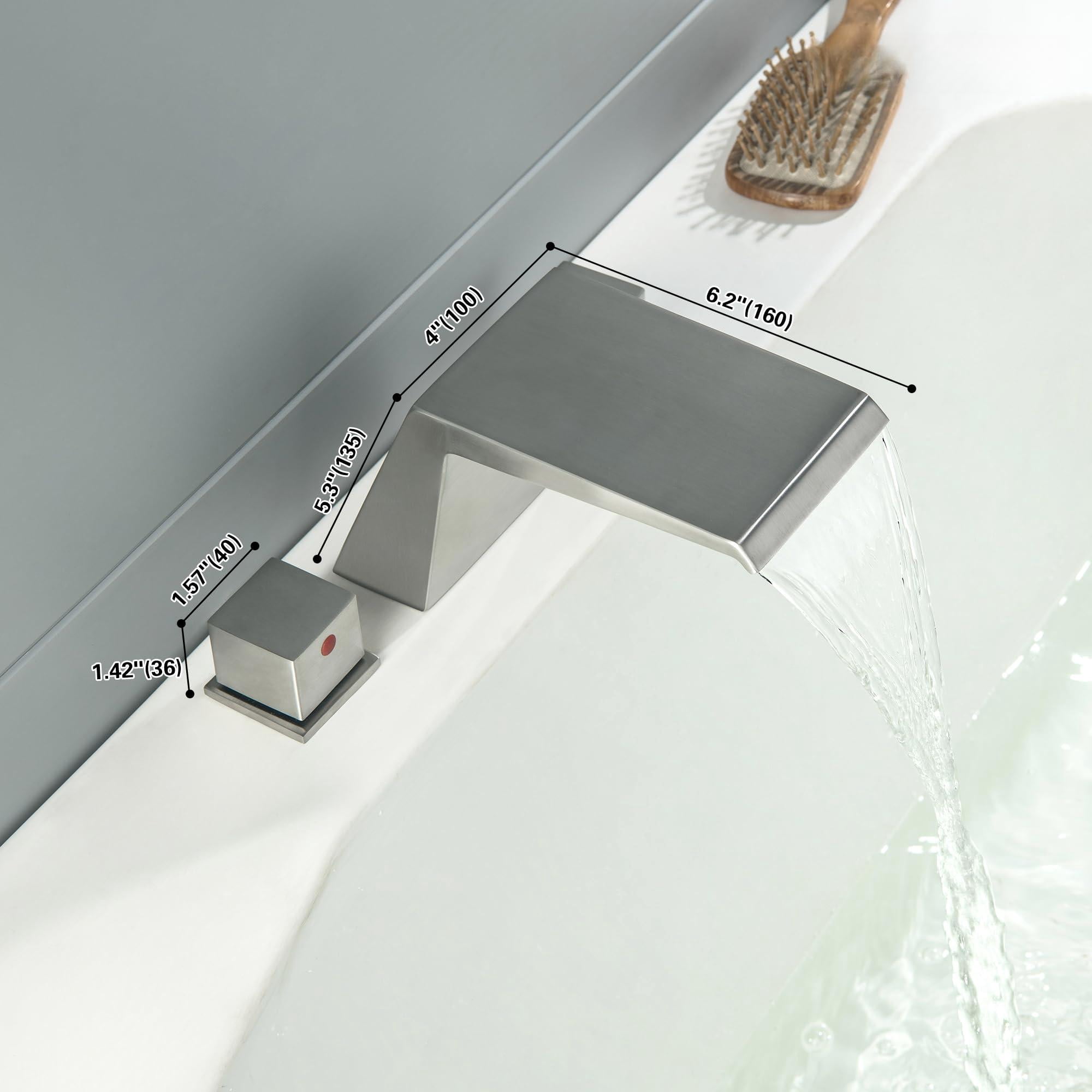 Roman Tub Faucet Brushed Nickel Deck Mount Bathtub Set 2 Handle High Flow Waterfall 3 Hole