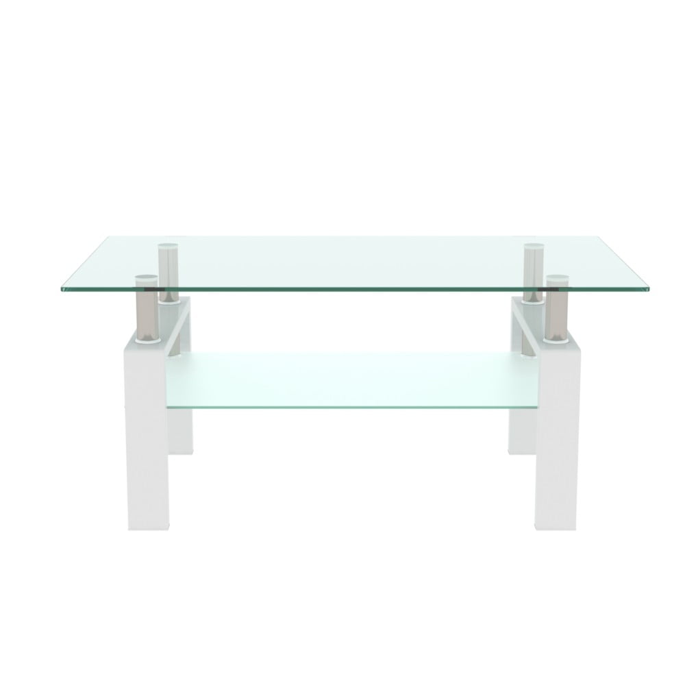 38.6" Rectangle Glass Coffee Table, Clear 2-Tier Center Table with White Iron Frame, Modern Side Table for Living Room, Office, Apartment, 220 lbs Capacity