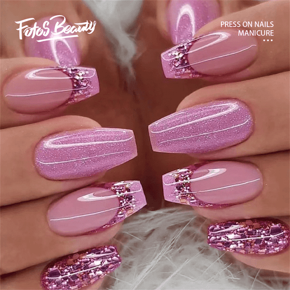 Fofosbeauty 24pcs Press on Nails, 2024 Fake Nails Short Coffin Tips Design, Pink-Purple Glitter Sequins
