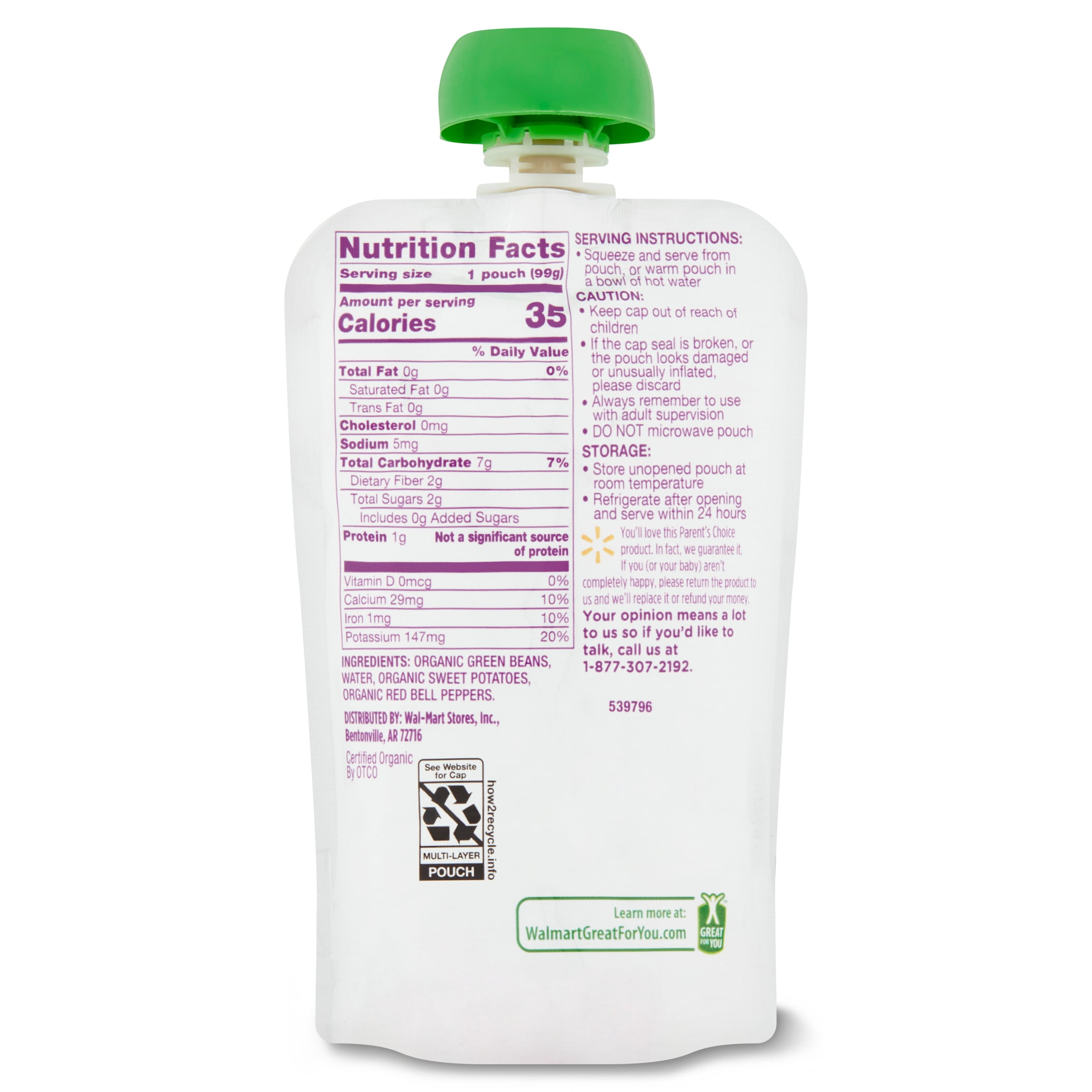 Parent's Choice Organic Stage 2 Baby Food, Green Bean, 3.5 oz Pouch