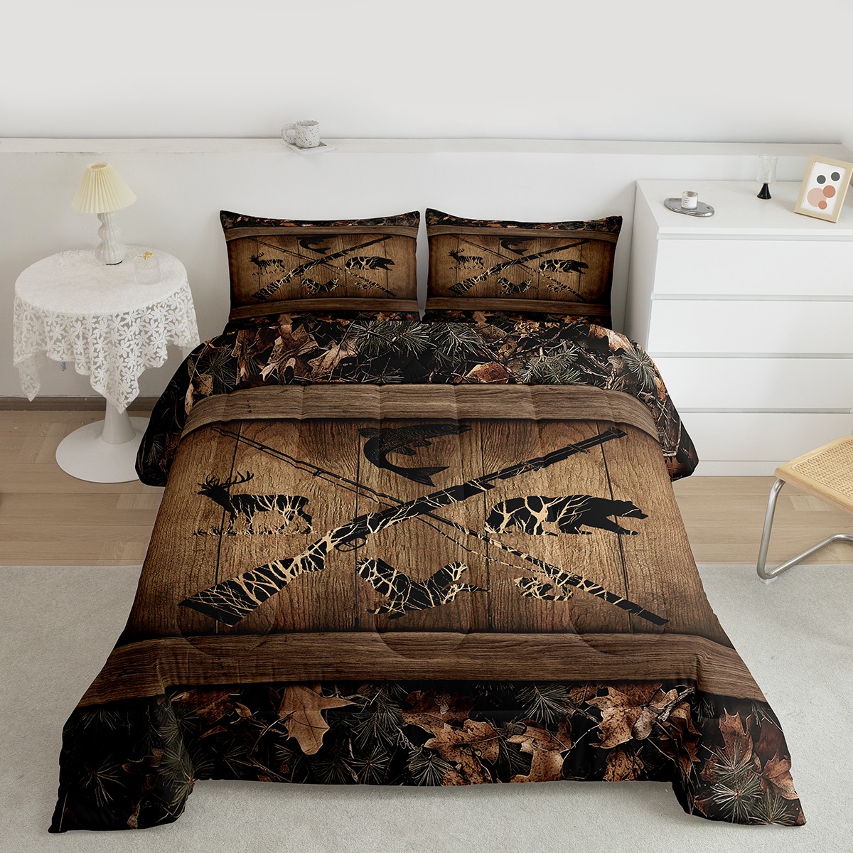 Rustic Farmhouse Bedding Sets Retro Camo Cabin Lodge Comforter Set Queen Hunting And Fishing Bedding Comforter Sets Adults Men Wildlife Bear Deer Fish Duck Quilt Set 3 Pcs