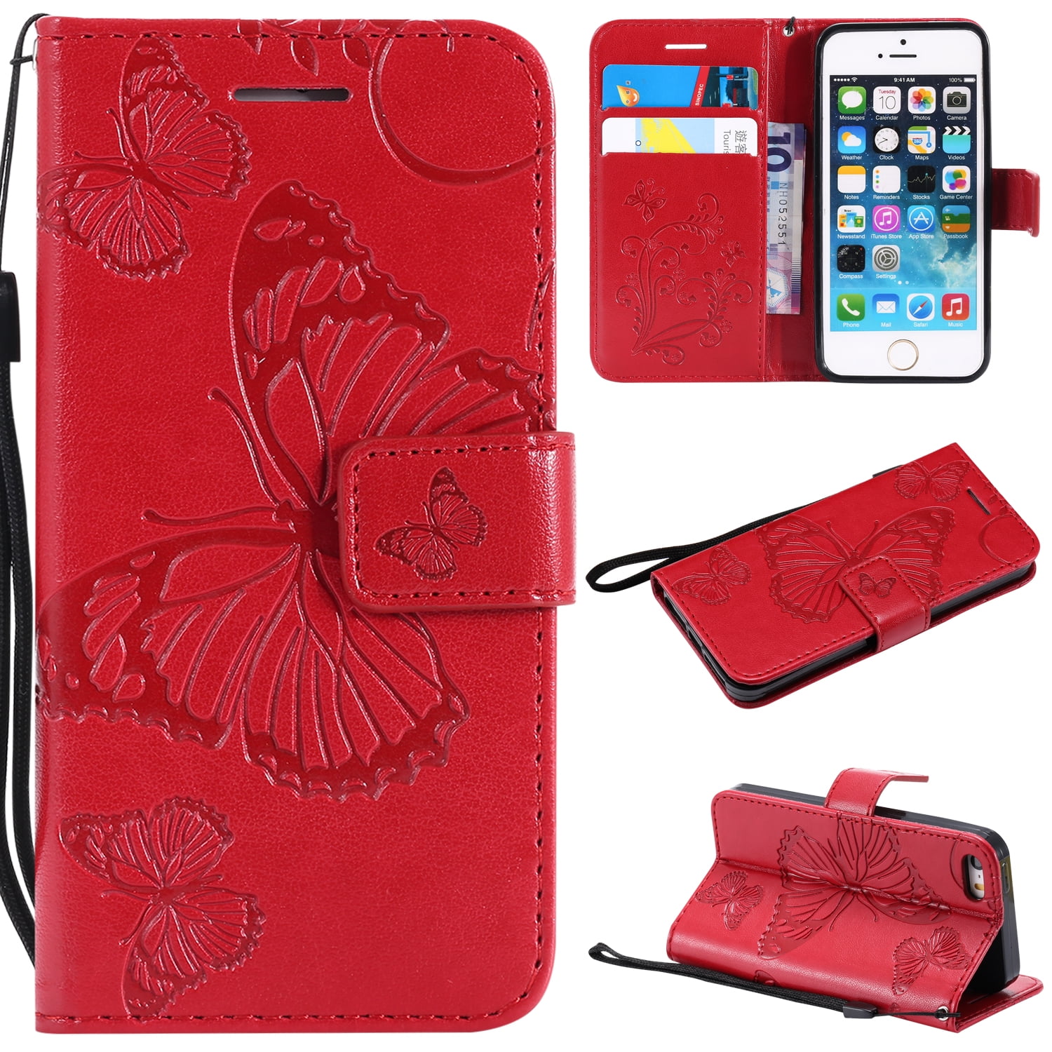 iPhone 5S Case,iPhone 5 Case,iPhone Wallet case, Allytech Pretty Retro Embossed Butterfly Flower Design Pu Leather Book Style Wallet Flip Case Cover for Apple iPhone 5/ 5S /SE(2016）, Red Walmart.com