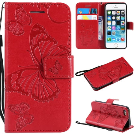 iPhone 5S Case,iPhone 5 Case,iPhone SE Wallet case, Allytech Pretty Retro Embossed Butterfly Flower Design Pu Leather Book Style Wallet Flip Case Cover for Apple iPhone 5/ 5S / SE,