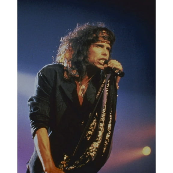 Steve Tyler iconic pose in concert 1980's in black shirt & scarf 24x36 Movie Poster HD Aluminum Wall Art