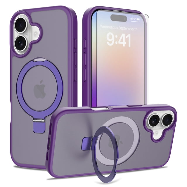Asuwish Phone Case for iPhone 17 6.3 inch Tempered Glass Screen Protector Magnetic Folding Stand Frosted Translucent Rugged Shockproof Protective Cell Cover i Phone17 i17 17Case Women Men Deep purple