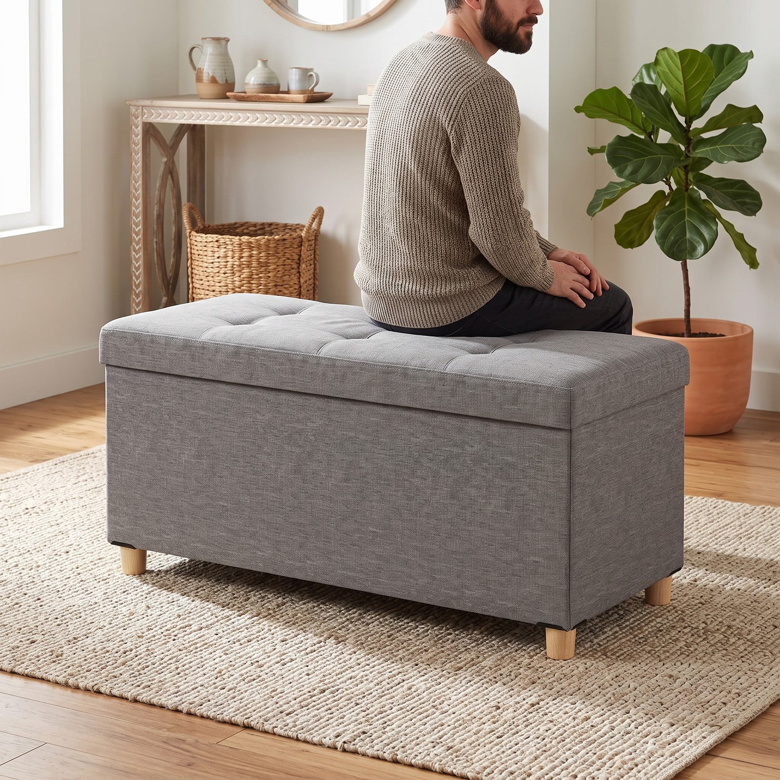 Furnibear 30 Inch Linen Storage Ottoman Bench with Flip Lid Tray and Rubber Wood Legs for Living Room, Bedroom and Entryway Foot Rest, Gray