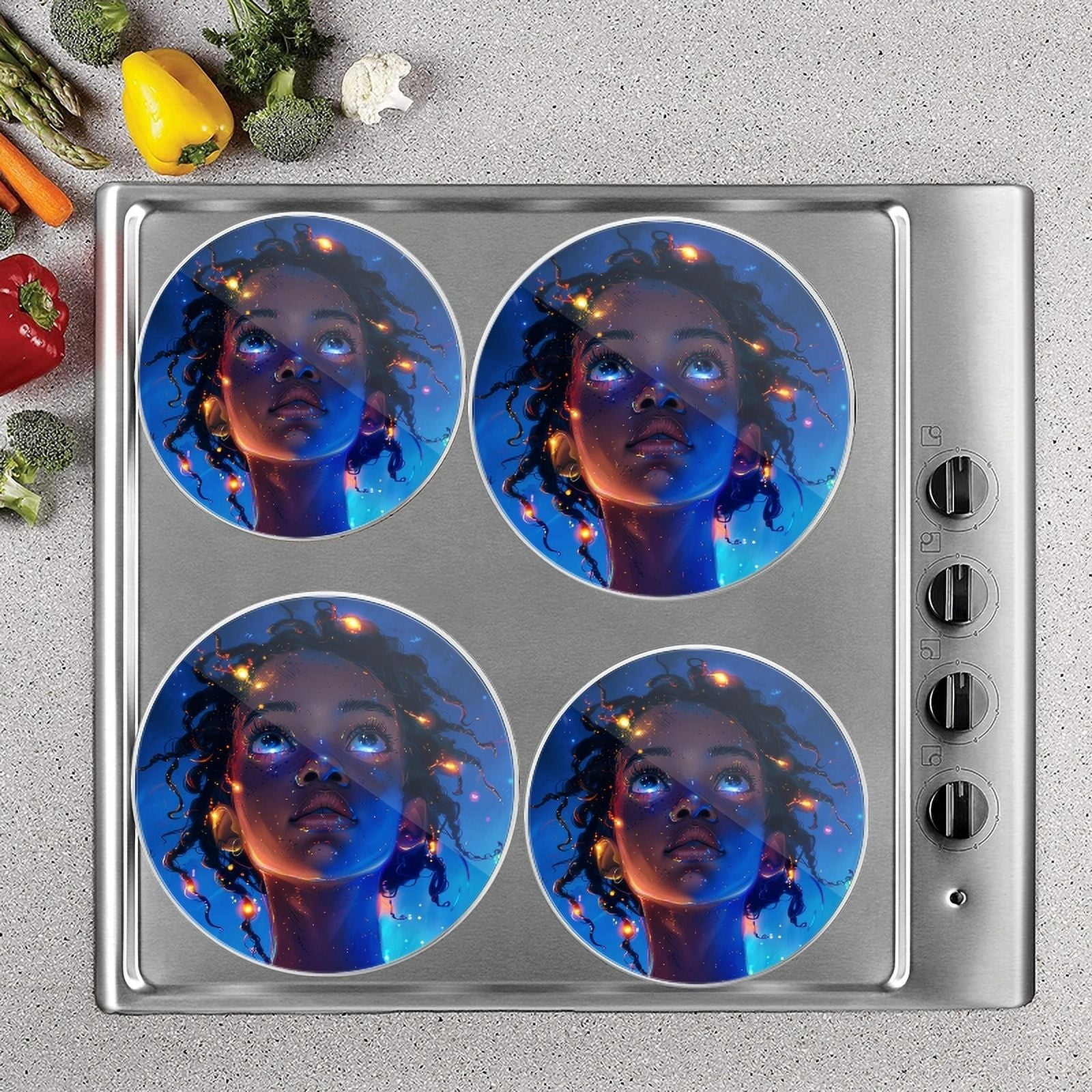 Bahomeck Electric Stove Burner Covers Set Of 4,Beautiful Black Woman With Glowing Eyes And Short Hair Metal Gas Stove Burner Covers,Protecting Gas Stoves,8 Inch And 10 Inch