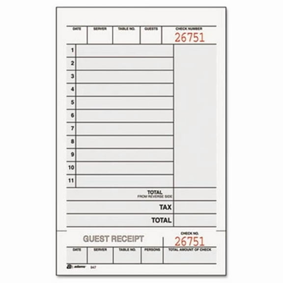Adams Business Forms  Guest Check Unit Set- 250-Pack - Carbonless Duplicate - 7.25 x 4.25