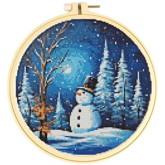 Easy Cross Stitch Kits for Starter Kits Snowman Scenery DIY 11CT Pre-printed Stamped Patterns Embroidery Cross Stitching Needlework Kit Set Supplies with Hoop 38x38cm