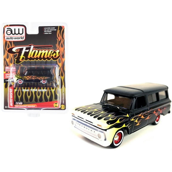 1965 Chevrolet Suburban Custom Matt Black with Flames Limited Edition to 3600 pieces Worldwide 1/64 Diecast Model Car by Auto World