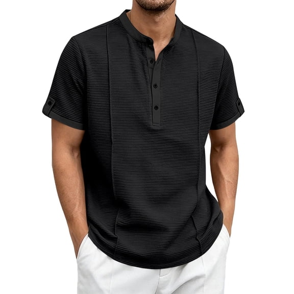 Tfken Summer Casual Tshirts Shirts For Men Solid Color Crewneck Short Sleeve Tops With Button Fashion Breathable Daily Wear Male T-Shirts Classic Black