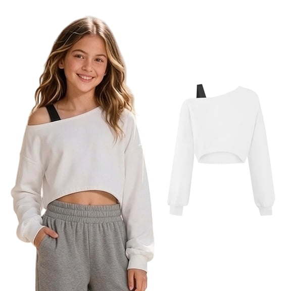 XINXIAOO Girls Off The Shoulder Sweatshirt Asymmetrical Long Sleeve Cute Crop Tops Shirts Pullover Spring Fall Clothes Size 7-16 Years