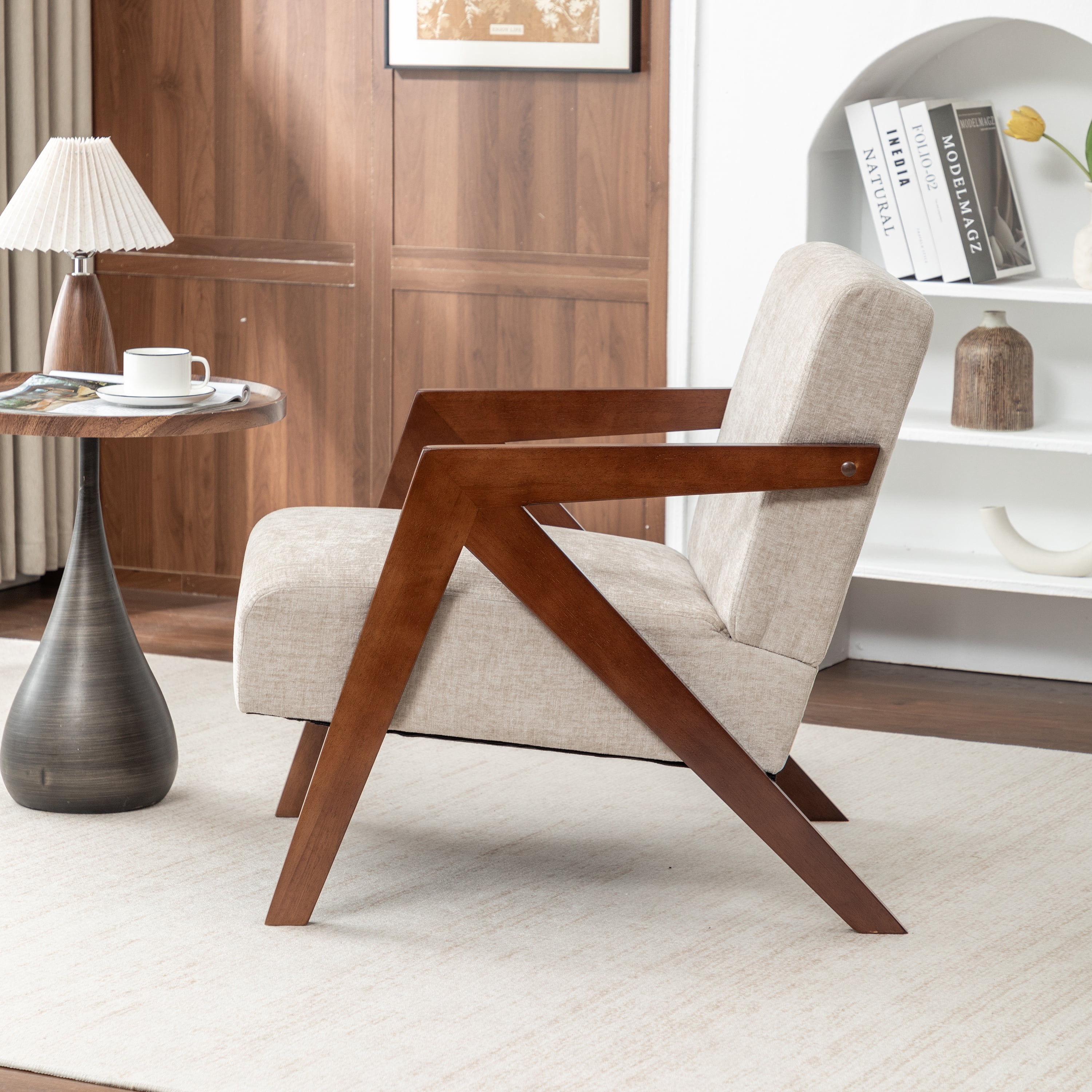 Leumius Mid Century Modern Accent Chair,Upholstered Reading Armchair with Solid Wood Frame,Accent Chair for Living Room Bedroom Apartment, Easy Assembly,Greige
