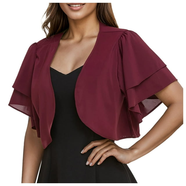 2025 Gilets Courts de Soirée Unis pour Femmes Manches Boléro Court Ouvert Cardigans Légers en Tricot pour Femmes Ouvert Été devant en Mousseline