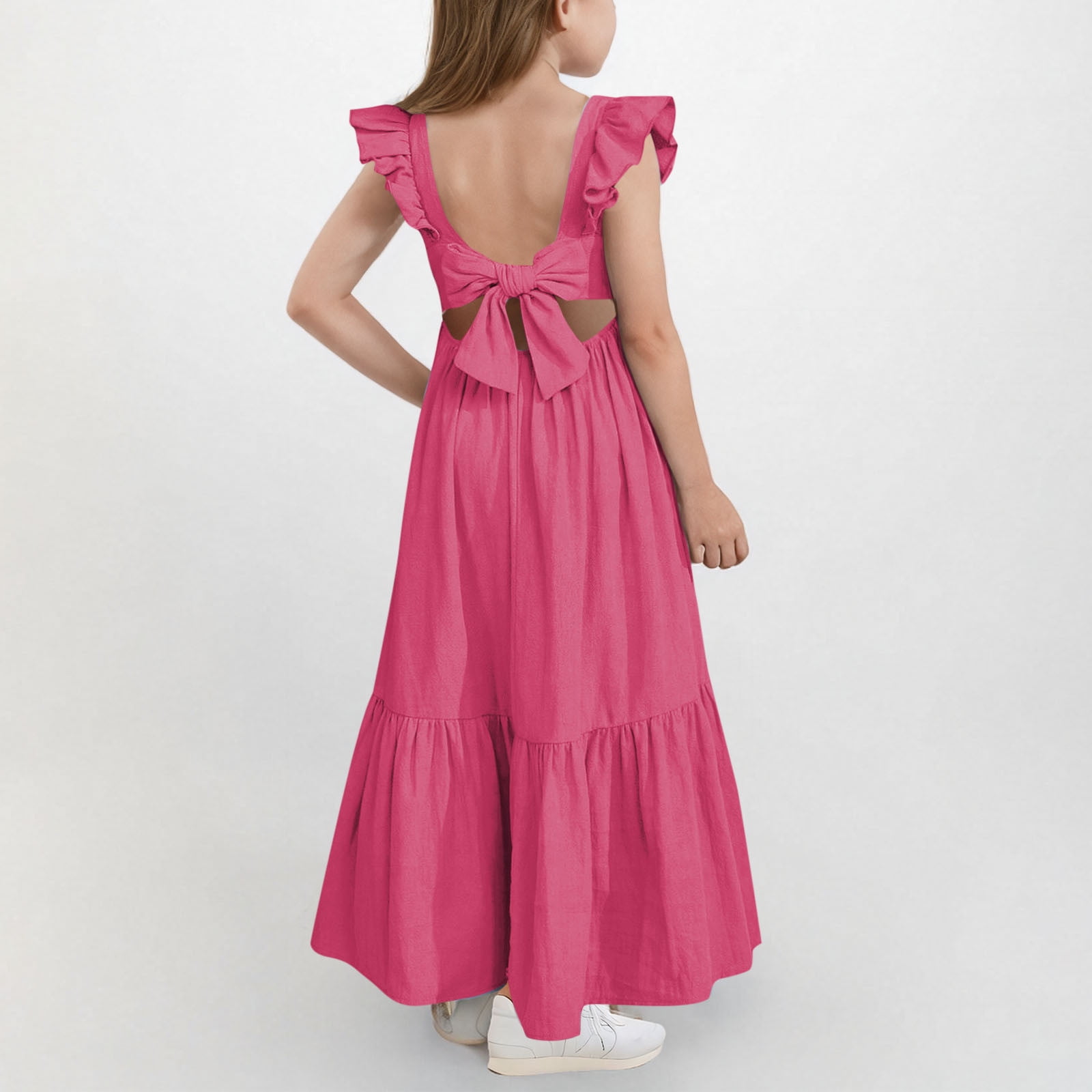 Cotton Linen Dresses for Girls Summer Size 4-15 Teens Kids Trendy Bowknot Backless Ruffle Sleeveless A-Line Beach Maxi Sundresses