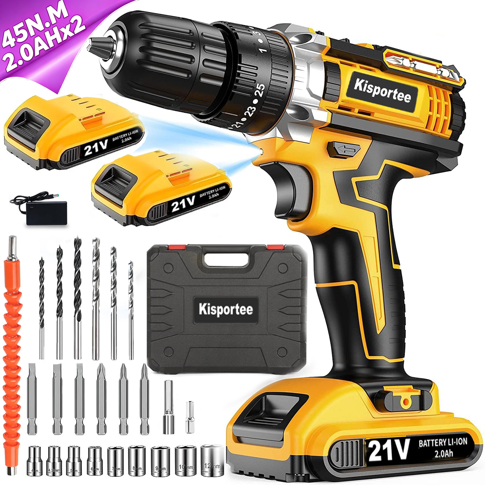 Kisportee 21V Cordless Drill with 2 Batteries and Charger photo 1