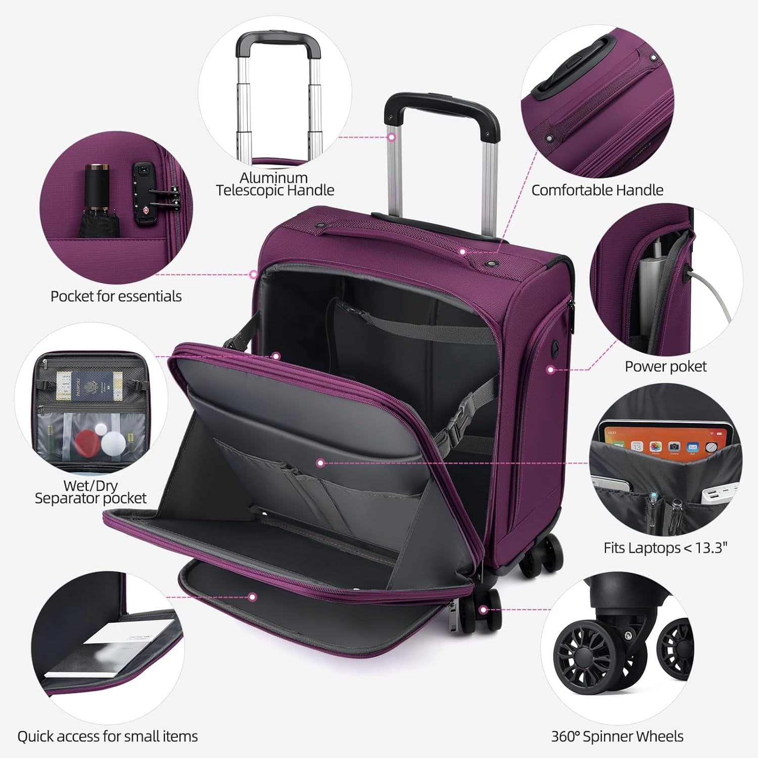 TIAWOLT Underseater Carry-On Luggage Airline Approved with Spinner Wheels, 16 Inch Luggage with TSA Lock, Overnight Rolling Softside Suitcases for Women,Purple