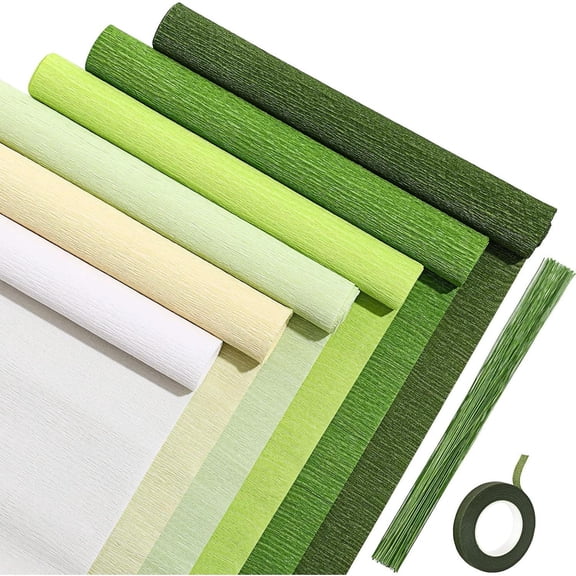57 pcs Crepe Paper Flower DIY Kits 6 Rolls 35g Crepe Paper Sheets 50 Pcs Floral Iron Wire 10 Inch x 8 Feet 1 Roll 50 Meter for Birthday Party Wedding(Green Series)