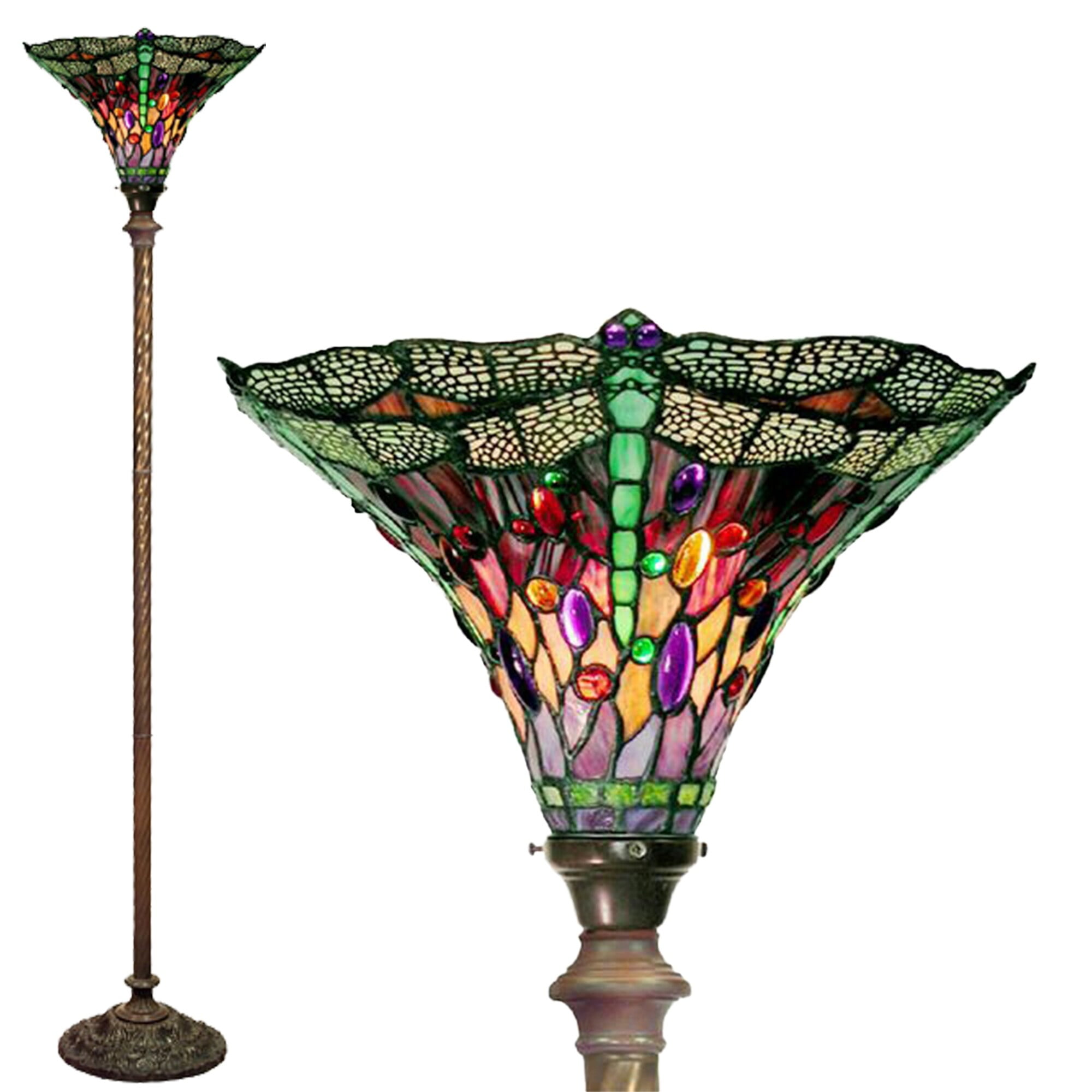 Warehouse of Tiffany 68” Dragonfly Torchiere Floor Lamp with Glass Shade
