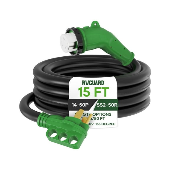 RVGUARD 50 Amp 15 Foot RV Power Cord with 135 Degree, 14-50P to SS2-50R Generator Extension Cord, Heavy Duty STW Cord with LED Power Indicator, Green, ETL Listed