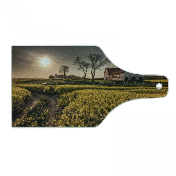 Country Home Cutting Board, Old Abandoned Rural House Floral Meadow Idyllic Village Pastoral Landscape, Tempered Glass Cutting and Serving Board, Wine Bottle Shape, Multicolor, by Ambesonne