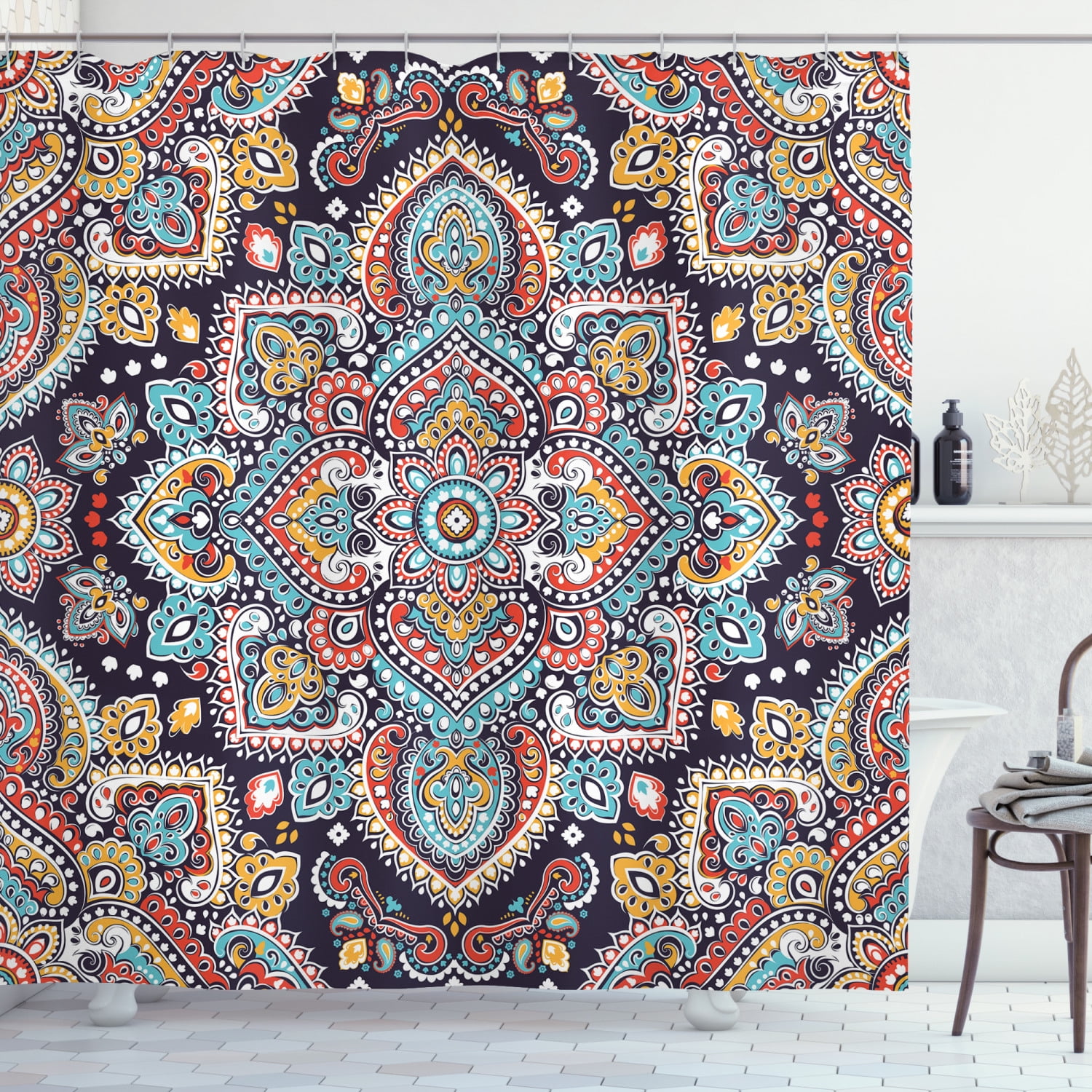 Ethnic Shower Curtain, Bohemian Style Tribal Ethnic Motif Vintage Henna