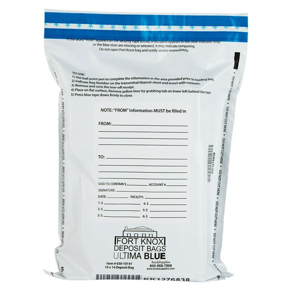 10Wx14H Ultima Blue Discreet/Opaque/Secure White Deposit Bags - 100/Box