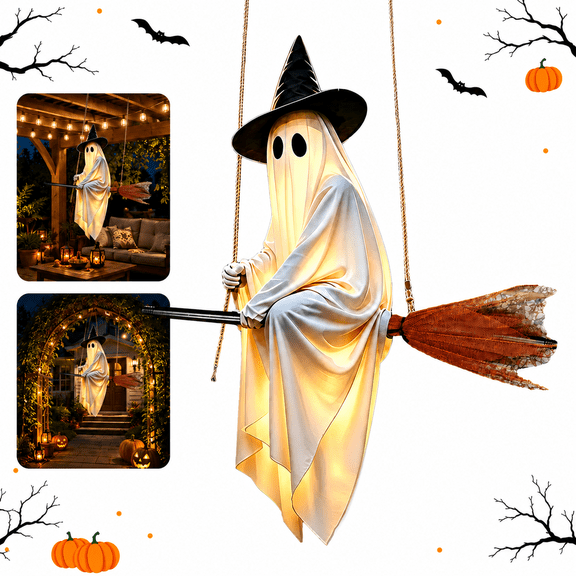 Halloween Decorations Outdoor, 4.6 Ft Light-Up Flying Ghost on Broomstick with Remote Control, Hanging Witch Hat Ghost Decor for Porch Yard Tree Patio