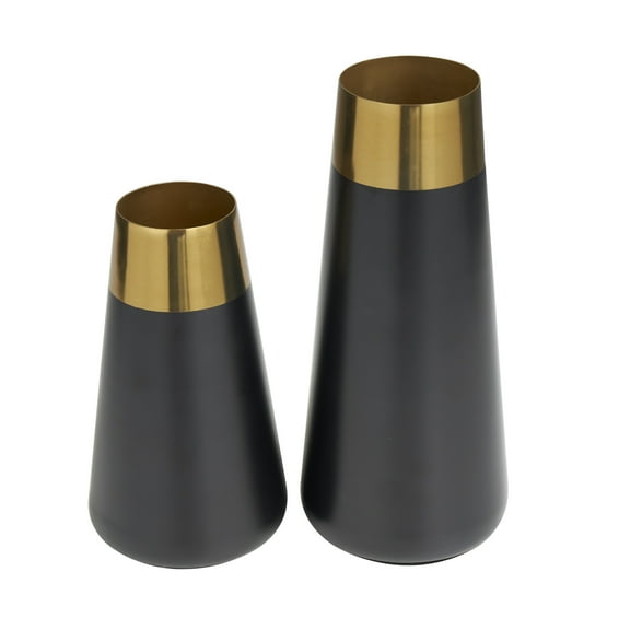 DecMode 11", 8"H Black Stainless Steel Vase with Gold Rims, Set of 2