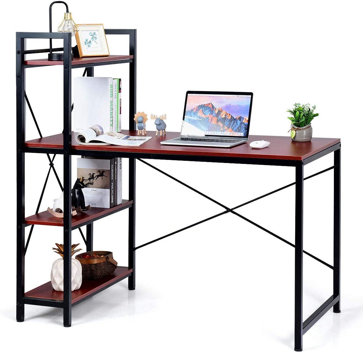 Computer Desk, Tower PC Table with 47.5” Large Desktop & 4 Layer Bookshelves, Multipurpose Study