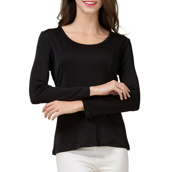 Uinagy Women's Round Neck Long Sleeve Silk Double-Faced Knitted Pullover Bottoming Shirt T-Shirt