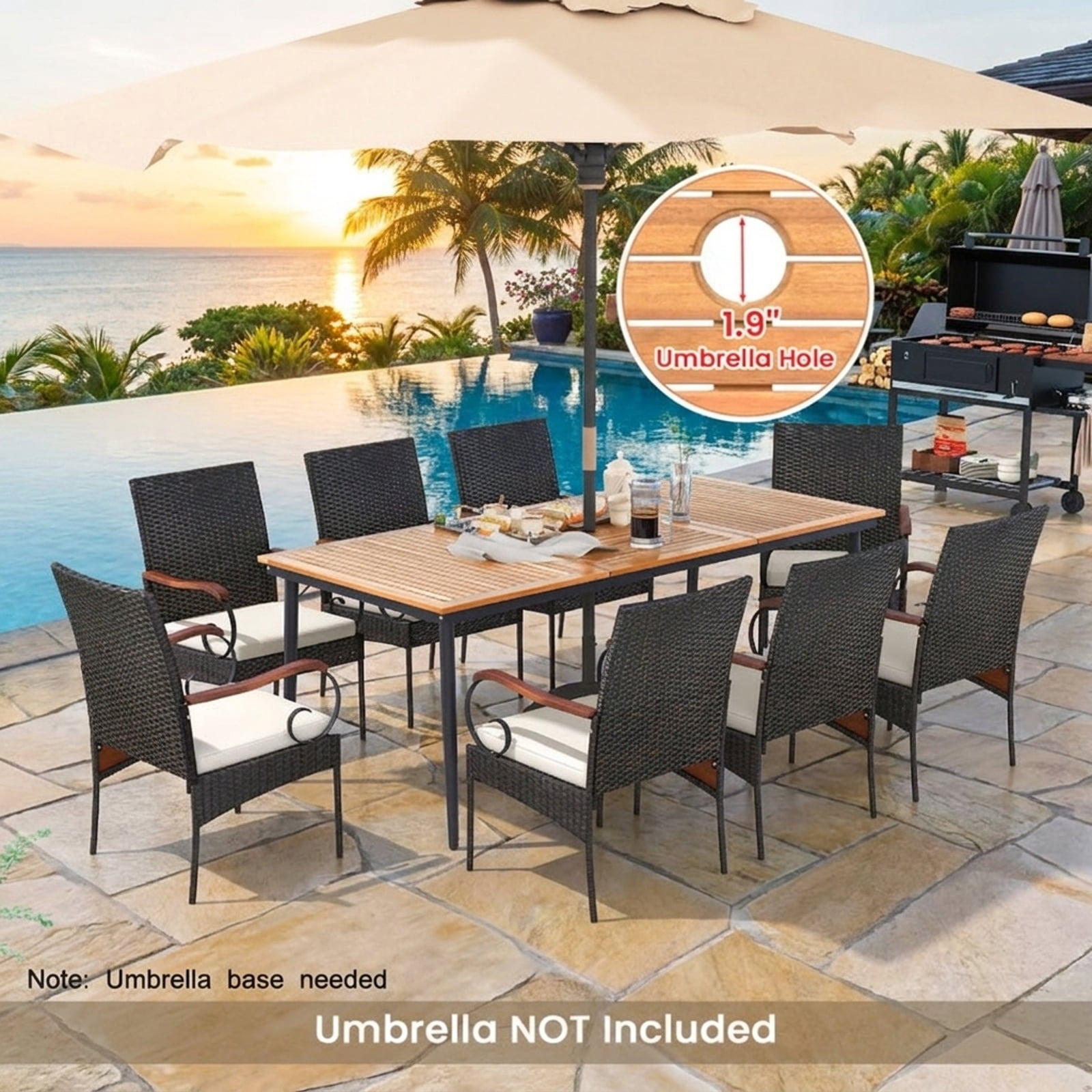Biotree Patio Dining Set 9 Pieces Rattan Outdoor Conversation Set with Acacia Wood Table and 8 Cushioned Chairs for Garden Backyard Porch, Mix Gray
