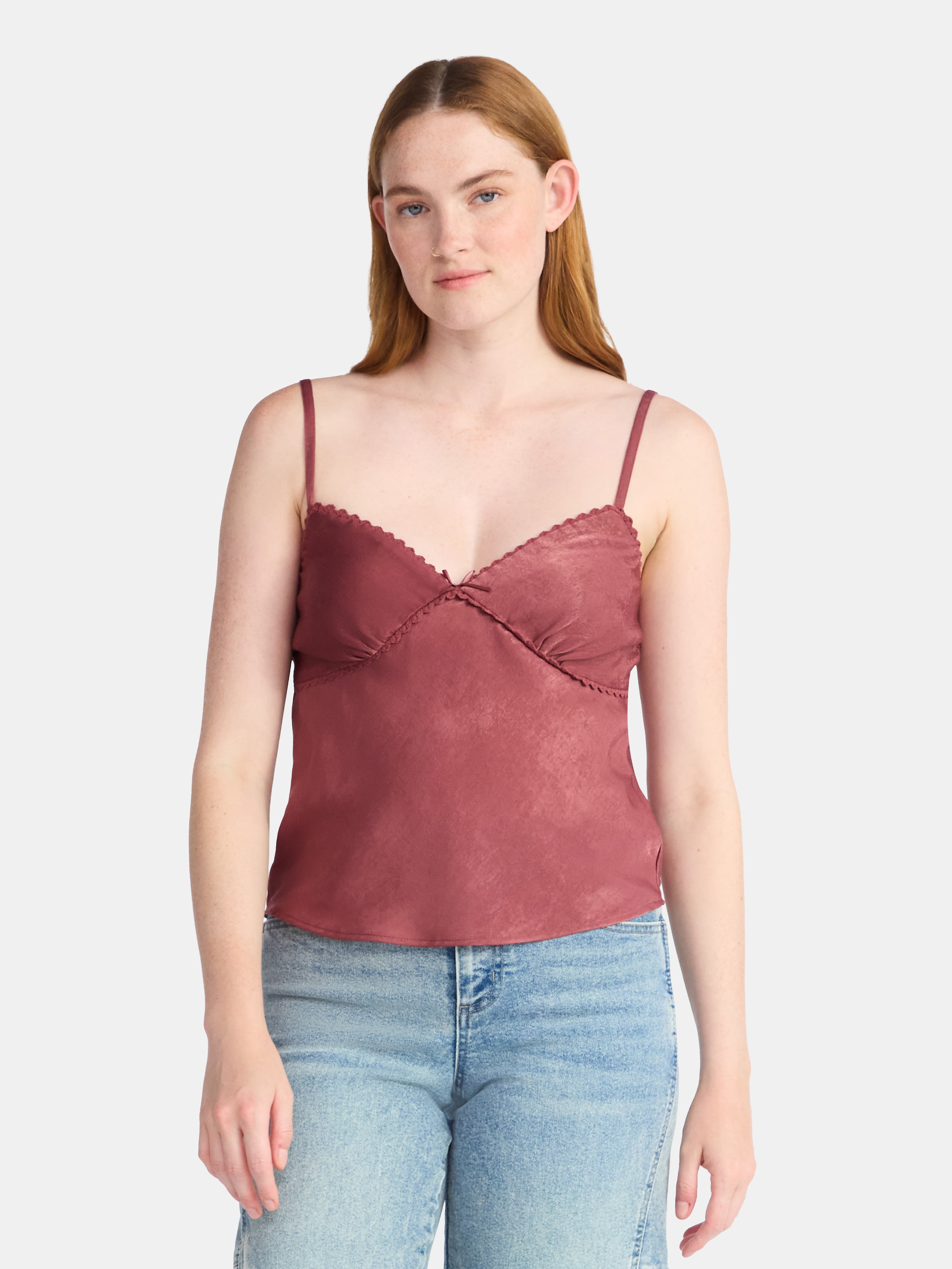 No Boundaries Woven Cami Top with Lace Trim and Bow, Women's