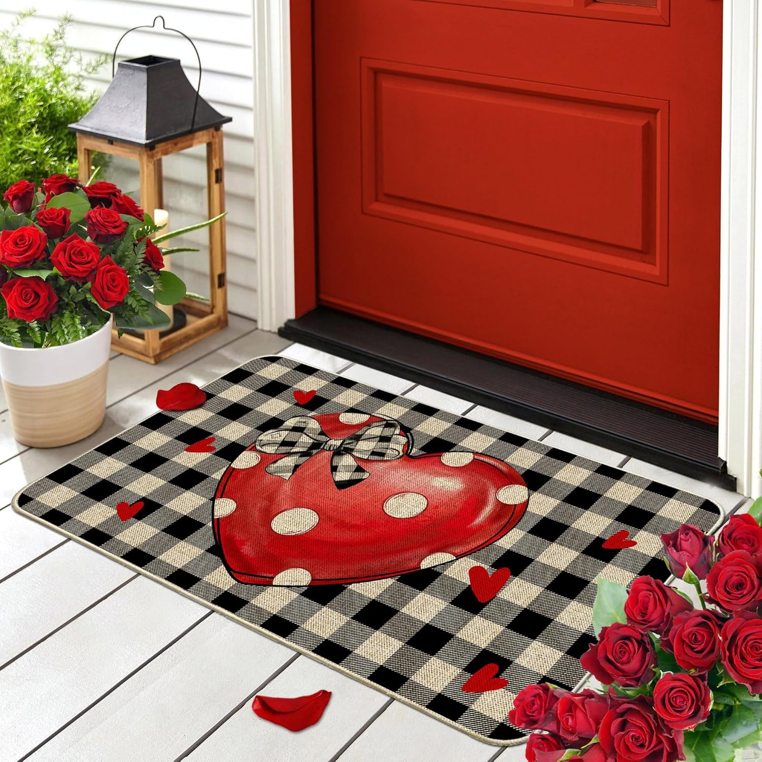 Valentines Door Mats Outdoor 17x29 Inch, Valentines Decor Welcome Mats for Front Door, Farmhouse Buffalo Plaid Doormats for Indoor or Outdoor Decorations, Valentines Day Decor