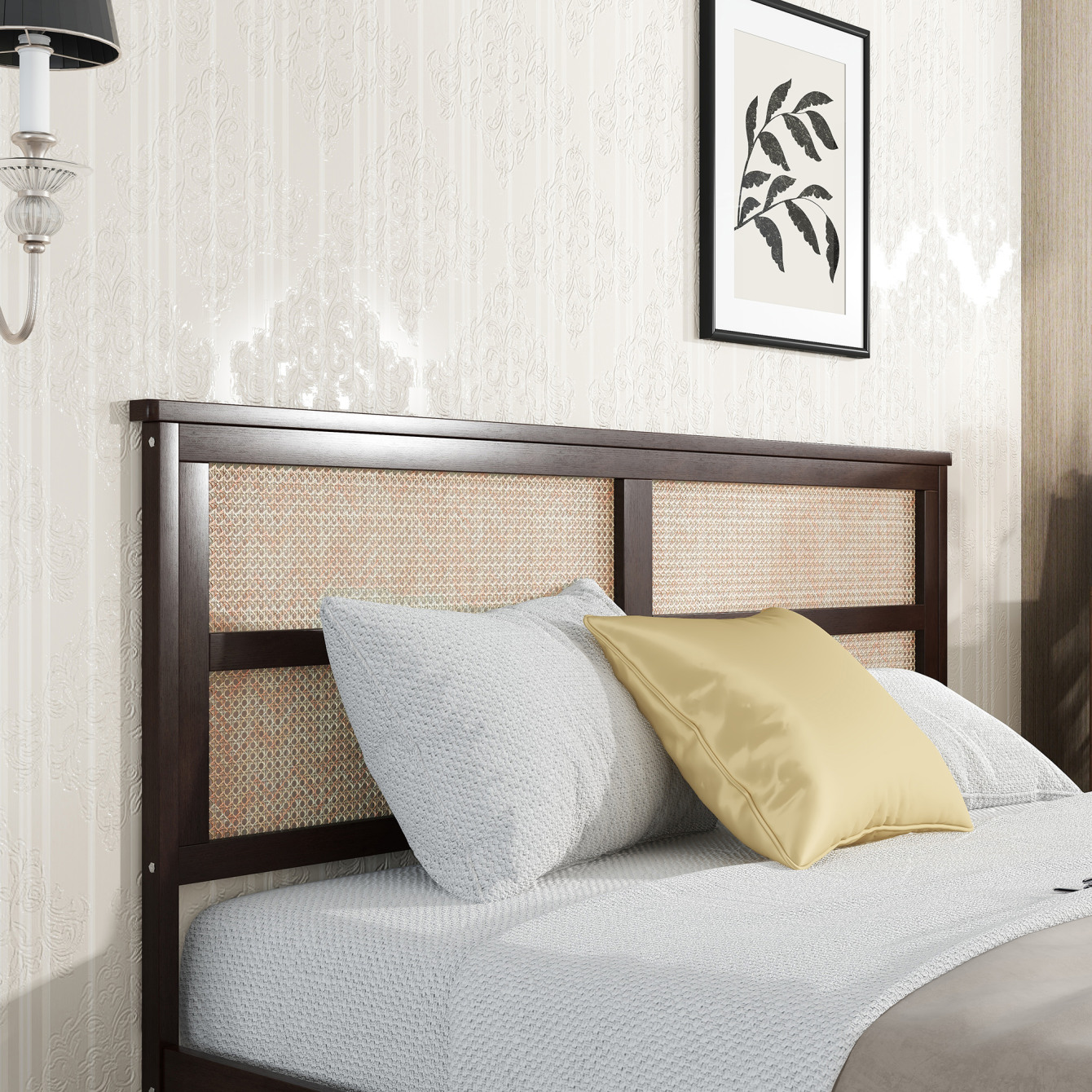 King Size Wood Bed Frame with Rattan Headboard,Platform Bed Frame with 2 Storage Drawers,Solid Wood Construction and Reinforced Slats,No Box Spring Needed,Under-Bed Storage,Quick Assembly,Espresso