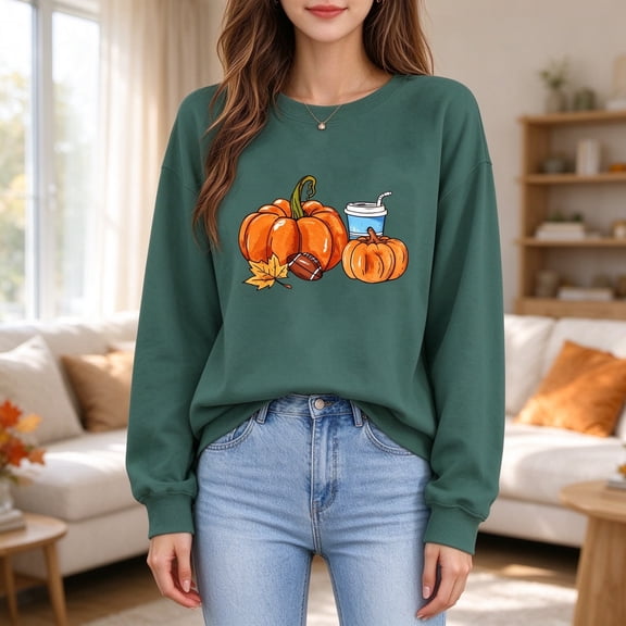 ZunFeo Womens Fall Oversized Crewneck Sweatshirt with Pumpkin, Football & Maple Leaf Graphic, Army Green,Size S