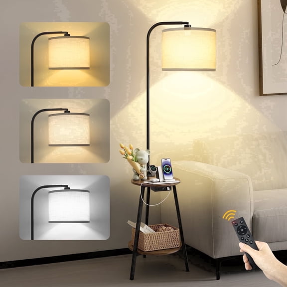 OUTON Floor Lamp with Table, End Table with Lamp for Living Room with USB & Type C Charging Port, Dimmable Lamps for Nightstand Attached for Bedroom, Brown