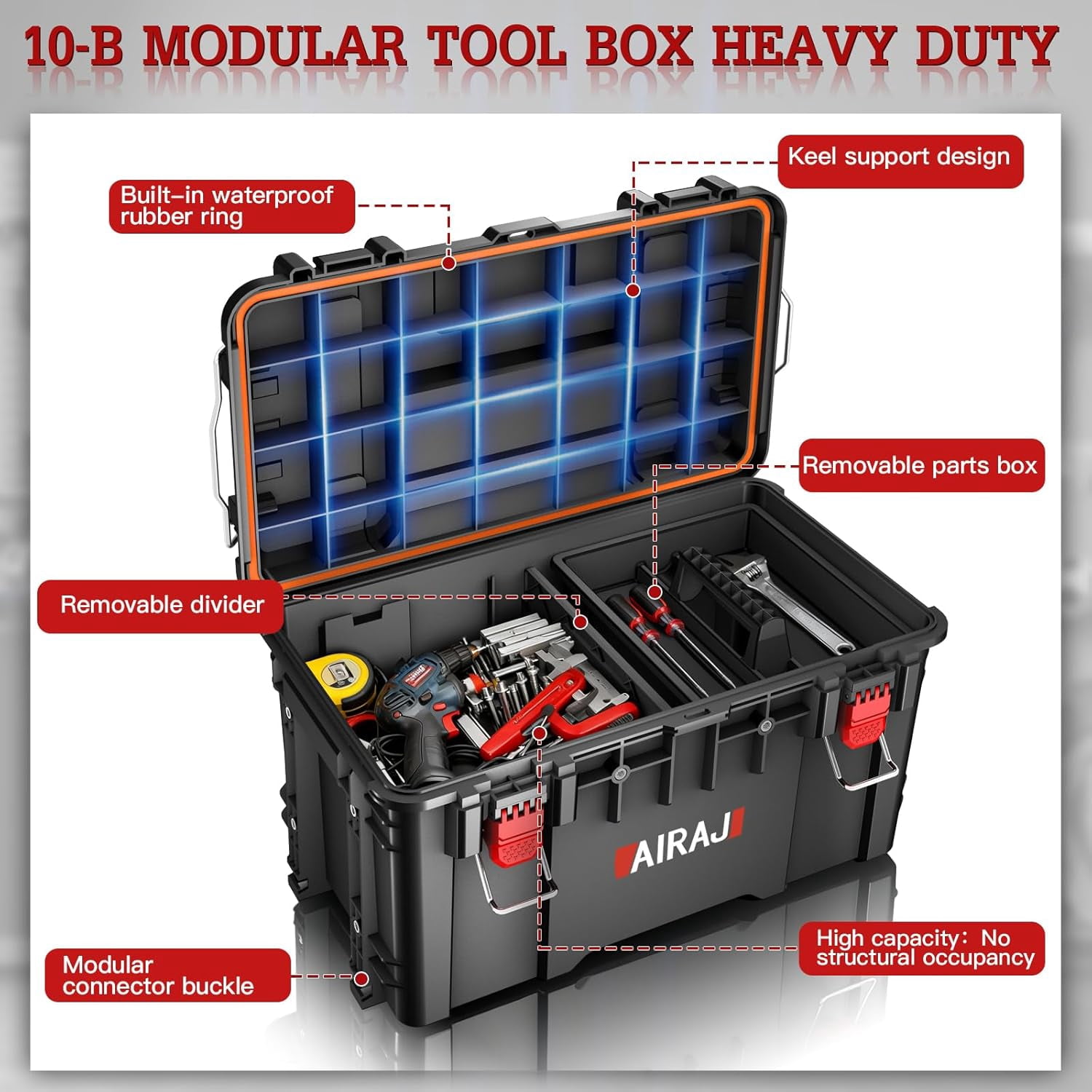 AIRAJ Rolling Modular Stackable Tool Box Organizer with Wheels,Waterproof Toolbox for Hand/Power Tools,Removable Divider/Parts Box,All-Terrain Durable Wheels,Telescopic Pull Rod Handle