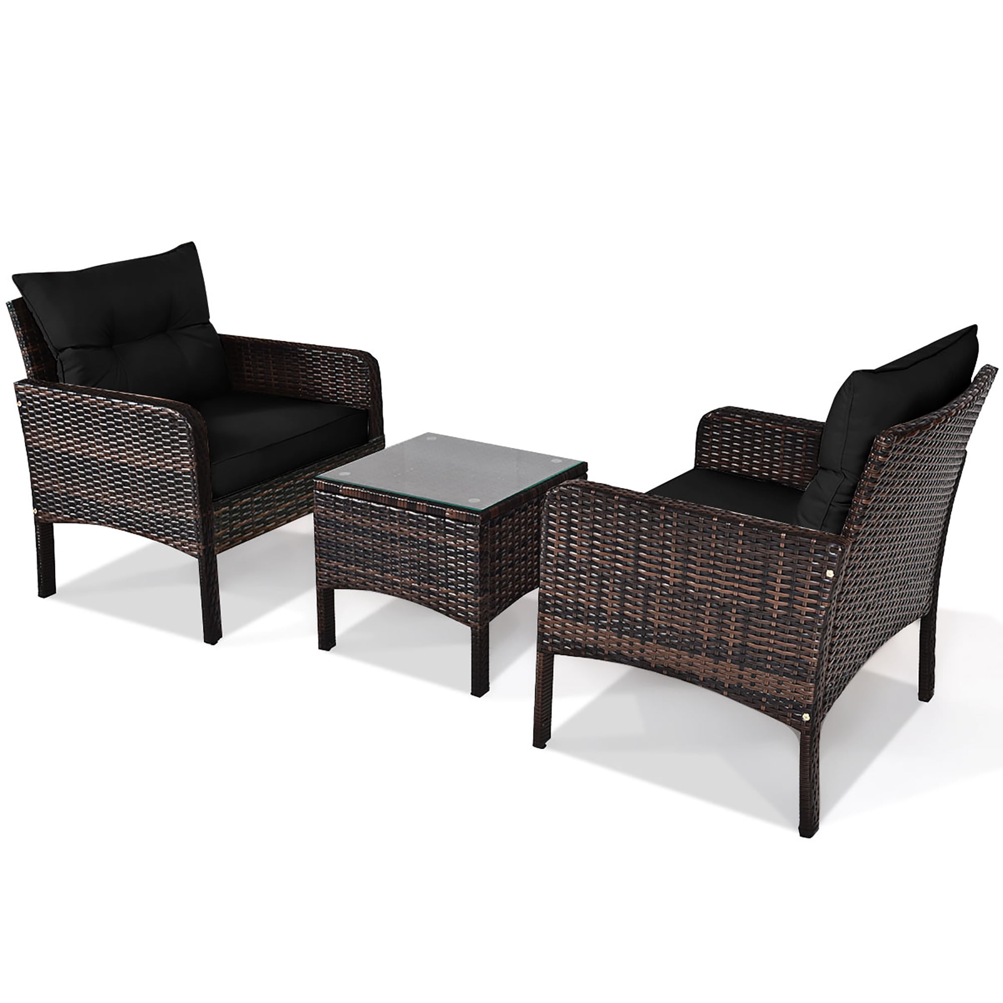 Costway 3PCS Outdoor Rattan Conversation Set Patio Garden Cushioned Sofa Chair Black