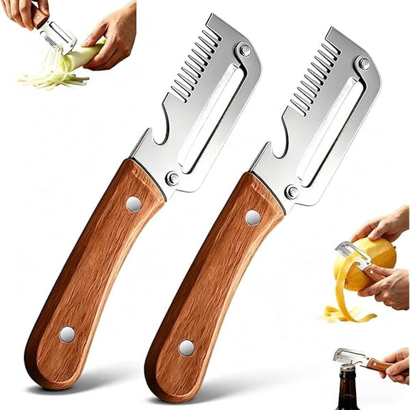 Multifunctional Vegetable Peeler 2-Pack, 3-in-1 Kitchen Peeler with Julienne Grater & Bottle Opener, Ergonomic Wooden Handle for Potato, Carrot, Apple (A)