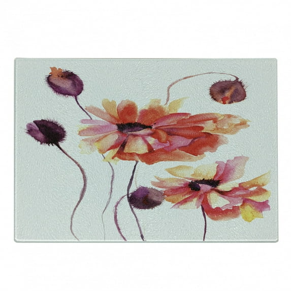 Floral Cutting Board, Watercolor Painting Poppy Flowers and Buds Spring Nature Design, Decorative Tempered Glass Cutting and Serving Board, Small Size, Peach Scarlet Purple, by Ambesonne