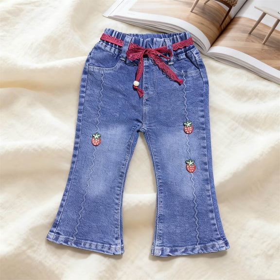 breaise Girls Flare Jeans Elastic Waist Flared Denim Pant Y2K Cute Bell-Bottoms Pants with Pockets