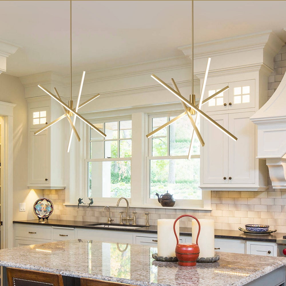 Gold LED Chandelier for Dining Room, 27.76in Dimmable 4-Lights Modern Ceiling Pendant Light Fixture for Kitchen Living Room Entry Foyer 3000K/4000K/5000K 24W