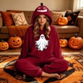 thumbnail image 6 of Matching Halloween Pumpkin Onesie Costume for Couple, Flannel Hooded Pumpkin Pajamas with Flying Ghost and Broom Print, Halloween Pajamas for Adults, Oversized Jumpsuit Loungewear for Trick or Treat, 6 of 8