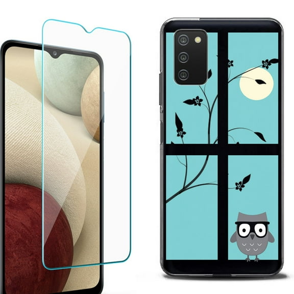 Slim-Fit Protective Fashion Phone Case (Black) for Samsung Galaxy A03s, with Tempered Glass Screen Protector, by OneToughShield ® - Moon Owl