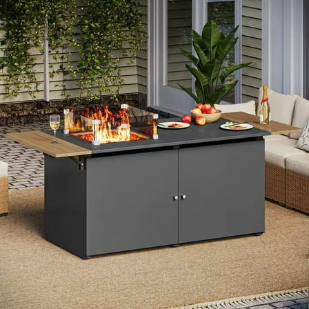 LAUSAINT HOME 64" Outdoor Fire Pit Table , 50,000 BTU Patio Propane Fire Pit with Foldable Tabletop & Wind Guard, Black