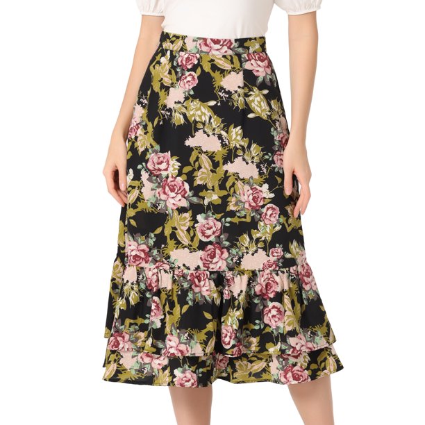 Falmidi fluicon dobladillo con volantes escalonados y cintuelástiestampapamujer Negro RoFloral L