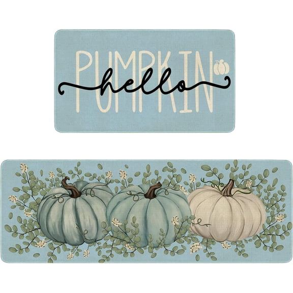 Fall Kitchen Rugs Set,Pumpkin Kitchen Mats for Floor,Thanksgiving Kitchen Decor,Fall Decorations for Home,17x30 inch Doormat 17x47 inch Runner Rug Blue