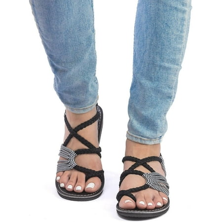 

Womens Handwoven Flat Sandals Orthopedic Sandals Boho Beach Shoes Non-Slip Summer Braided Flip Flops with Arch Support for Relief Hallux Valgus Bunion Black 2 36